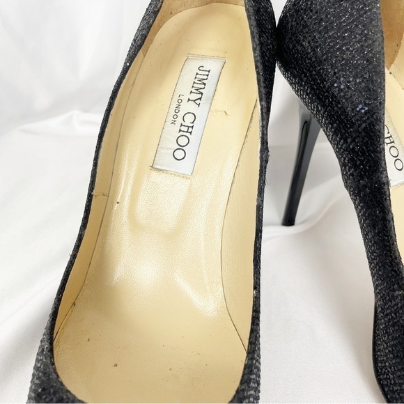 Jimmy Choo Abel Glitter Stiletto Pointed Toe Heels Black Sparkly Cocktail Party - Picture 5 of 7